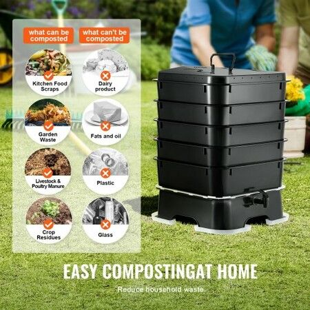 5-Tray Worm Composter, 44 QT/50 L Worm Compost Bin Outdoor and Indoor, Sustainable Design Worm Farm Kit, for Recycling Food Waste, Worm Castings, Worm Tea, Vermiculture and Vermicomposting