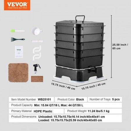 5-Tray Worm Composter, 44 QT/50 L Worm Compost Bin Outdoor and Indoor, Sustainable Design Worm Farm Kit, for Recycling Food Waste, Worm Castings, Worm Tea, Vermiculture and Vermicomposting