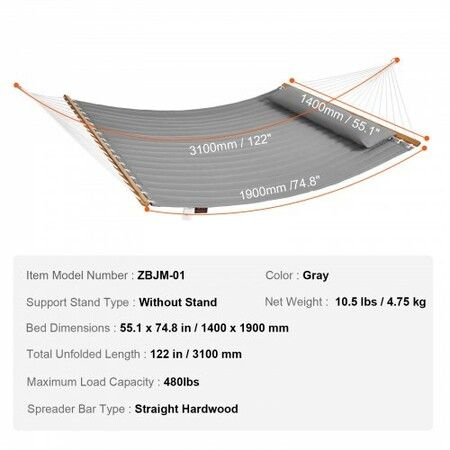 Double Quilted Fabric Hammock, 12 FT Double Hammock with Hardwood Spreader Bars, 2 Person Quilted Hammock with Detachable Pillow and Chains for Camping Outdoor Patio Yard Beach, 480 lbs Capacity