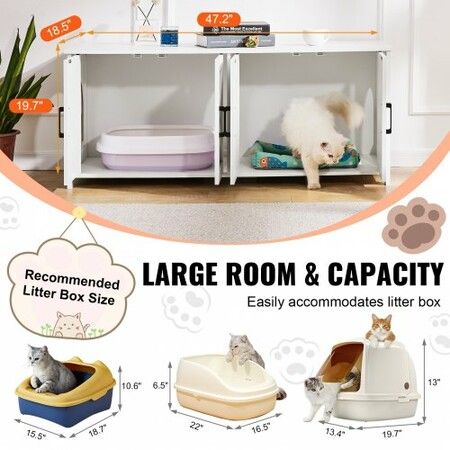 Cat Litter Box Enclosure Wooden Litter Box Furniture Hidden 2 Rooms White