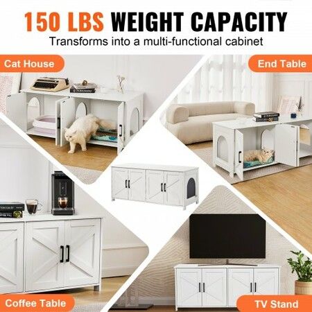 Cat Litter Box Enclosure Wooden Litter Box Furniture Hidden 2 Rooms White