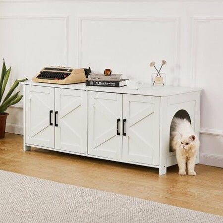 Cat Litter Box Enclosure Wooden Litter Box Furniture Hidden 2 Rooms White