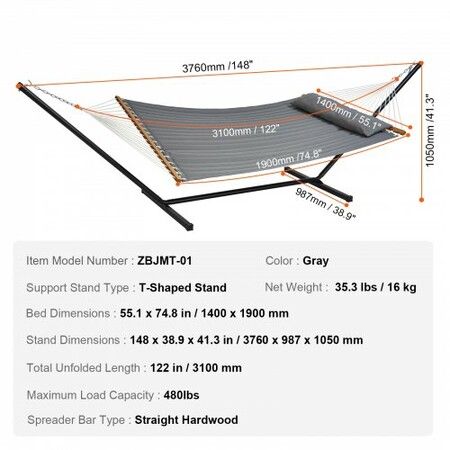 Double Quilted Fabric Hammock Two Person Hammock with Stand 480lb Capacity