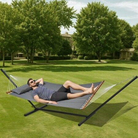 Double Quilted Fabric Hammock Two Person Hammock with Stand 480lb Capacity