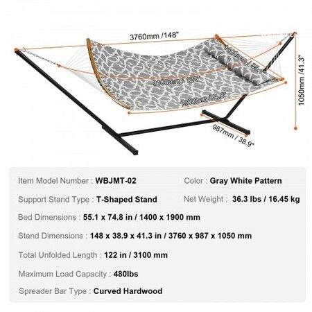 Two Person Hammock with Stand Included, Double Hammock with Curved Spreader Bar and Detachable Pillow and Portable Carrying Bag, Perfect for Outdoor Freestanding Hammock, 480lb Capacity