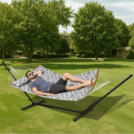 Two Person Hammock with Stand Included, Double Hammock with Curved Spreader Bar and Detachable Pillow and Portable Carrying Bag, Perfect for Outdoor Freestanding Hammock, 480lb Capacity