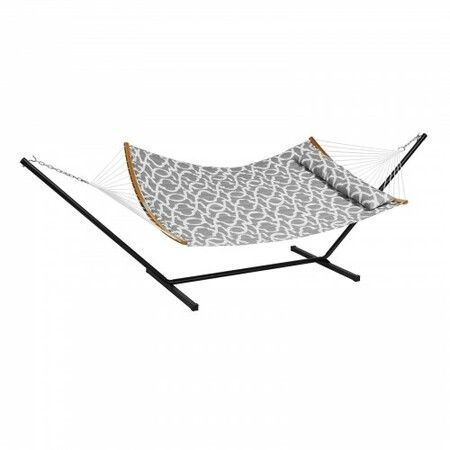 Two Person Hammock with Stand Included, Double Hammock with Curved Spreader Bar and Detachable Pillow and Portable Carrying Bag, Perfect for Outdoor Freestanding Hammock, 480lb Capacity