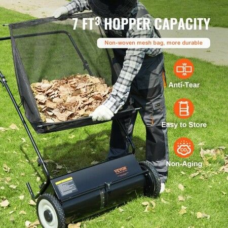 Push Lawn Sweeper, 66cm Leaf & Grass Collector, Strong Rubber Wheels & Heavy Duty Thickened Steel, Durable to Use with Large Capacity 198L Mesh Collection Hopper Bag, 4 Spinning Brushes