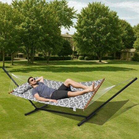 Two Person Hammock with Stand Included Heavy Duty 480lb Capacity, Double Hammock with 12 FT Steel Stand and Portable Carrying Bag and Pillow, Freestanding Hammock for Outdoor Patio Yard Beach