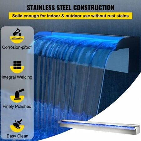 Pool Fountain Stainless Steel Pool Waterfall 35.4" x 4.5" x 3.1"(W x D x H) with LED Strip Light Waterfall Spillway with Pipe Connector Rectangular Garden Outdoor