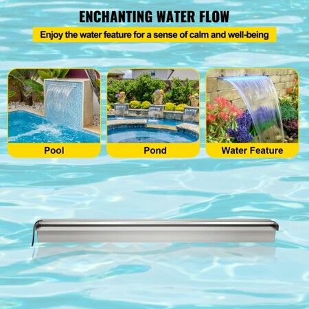 Pool Fountain Stainless Steel Pool Waterfall 35.4" x 4.5" x 3.1"(W x D x H) with LED Strip Light Waterfall Spillway with Pipe Connector Rectangular Garden Outdoor