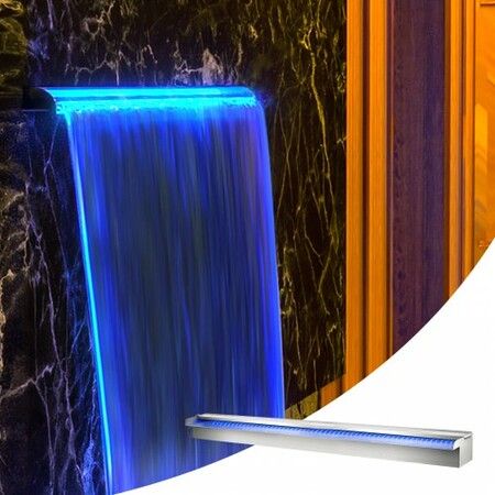 Pool Fountain Stainless Steel Pool Waterfall 35.4" x 4.5" x 3.1"(W x D x H) with LED Strip Light Waterfall Spillway with Pipe Connector Rectangular Garden Outdoor