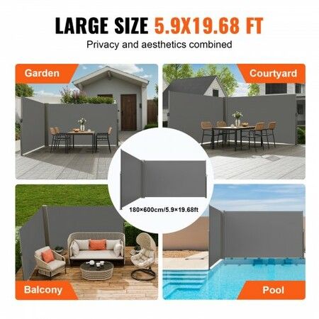 Retractable Side Awning, 180X600cm Aluminum Outdoor Privacy Screen, 280g Polyester Water-proof Retractable Patio Screen, UV 30+ Room Divider Wind Screen for Patio, Backyard, Balcony, Gray