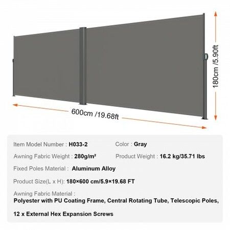 Retractable Side Awning, 180X600cm Aluminum Outdoor Privacy Screen, 280g Polyester Water-proof Retractable Patio Screen, UV 30+ Room Divider Wind Screen for Patio, Backyard, Balcony, Gray