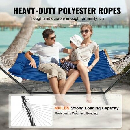 Two Person Hammock with Stand Included, Double Hammock with Curved Spreader Bar and Detachable Pillow and Portable Carrying Bag, Perfect for Outdoor Freestanding Hammock, 480lb Capacity