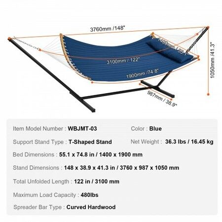 Two Person Hammock with Stand Included, Double Hammock with Curved Spreader Bar and Detachable Pillow and Portable Carrying Bag, Perfect for Outdoor Freestanding Hammock, 480lb Capacity