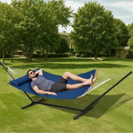 Two Person Hammock with Stand Included, Double Hammock with Curved Spreader Bar and Detachable Pillow and Portable Carrying Bag, Perfect for Outdoor Freestanding Hammock, 480lb Capacity