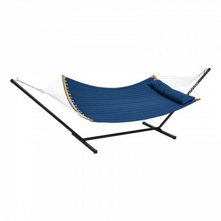 Two Person Hammock with Stand Included, Double Hammock with Curved Spreader Bar and Detachable Pillow and Portable Carrying Bag, Perfect for Outdoor Freestanding Hammock, 480lb Capacity