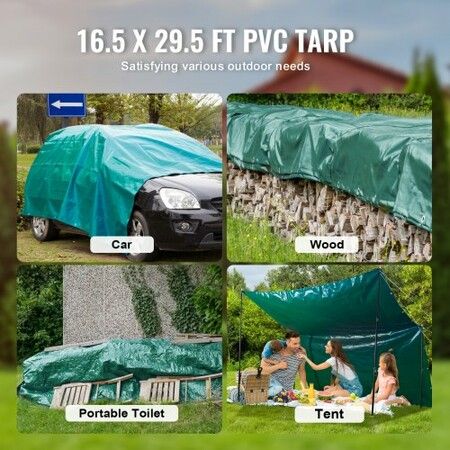 PVC Waterproof Tarp, 16.5 x 29.5 ft Heavy Duty PVC Tarpaulin, Tear-Proof and Weather-Proof, with Grommets and Reinforced Edges for Canopy Boat RV Tent Shelter Trailer Truck Cover, Green