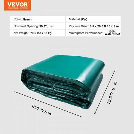 PVC Waterproof Tarp, 16.5 x 29.5 ft Heavy Duty PVC Tarpaulin, Tear-Proof and Weather-Proof, with Grommets and Reinforced Edges for Canopy Boat RV Tent Shelter Trailer Truck Cover, Green