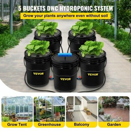 DWC Hydroponic System, 5 Gallon 5 Buckets, Deep Water Culture Growing Bucket, Hydroponics Grow Kit with Pump, Air Stone and Connected Reservoir, for Indoor/Outdoor Leafy Vegetables