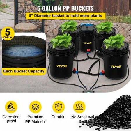 DWC Hydroponic System, 5 Gallon 5 Buckets, Deep Water Culture Growing Bucket, Hydroponics Grow Kit with Pump, Air Stone and Connected Reservoir, for Indoor/Outdoor Leafy Vegetables