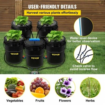 DWC Hydroponic System, 5 Gallon 5 Buckets, Deep Water Culture Growing Bucket, Hydroponics Grow Kit with Pump, Air Stone and Connected Reservoir, for Indoor/Outdoor Leafy Vegetables