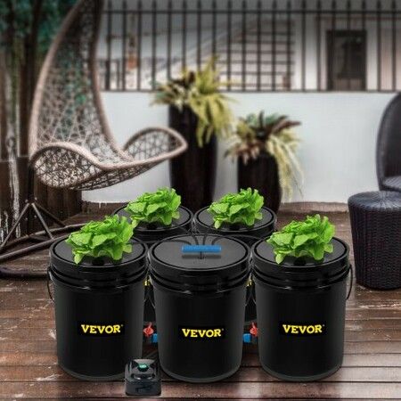 DWC Hydroponic System, 5 Gallon 5 Buckets, Deep Water Culture Growing Bucket, Hydroponics Grow Kit with Pump, Air Stone and Connected Reservoir, for Indoor/Outdoor Leafy Vegetables