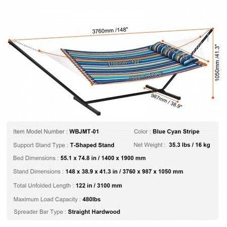 Double Quilted Fabric Hammock Two Person Hammock with Stand 480lb Capacity