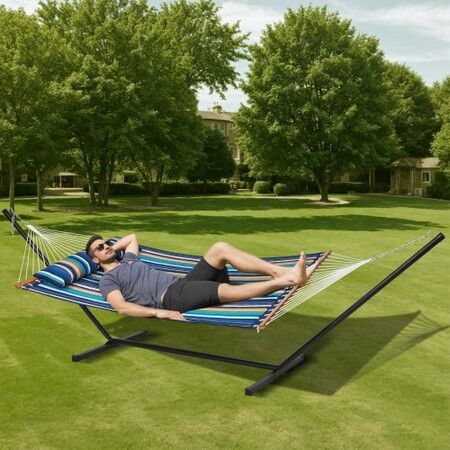 Double Quilted Fabric Hammock Two Person Hammock with Stand 480lb Capacity