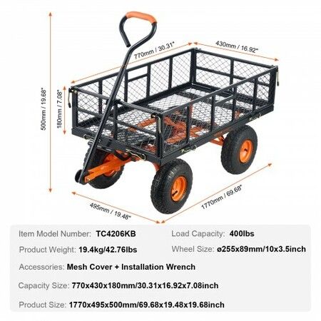 Dump Cart, Metal Garden Dump Cart with Easy to Assemble Frame, Dump Wagon with 2-in-1 Convertible Handle, Utility Wheelbarrow 181kg Capacity, 10 inch Tires