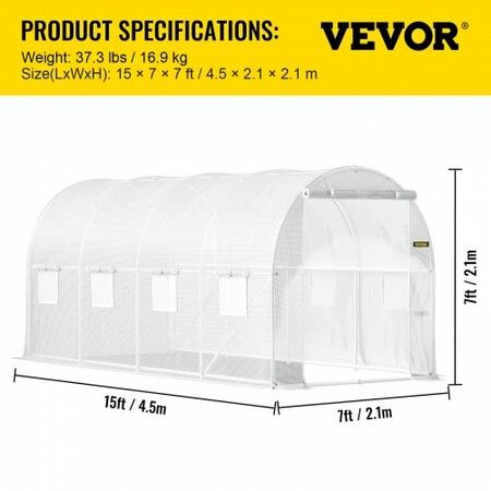 Walk-in Tunnel Greenhouse Galvanized Frame & Waterproof Cover 15x7x7 ft