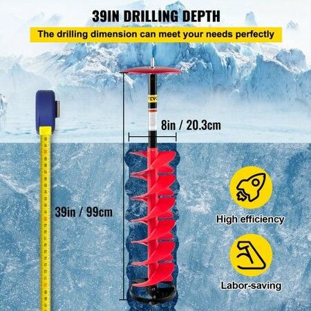 Ice Drill Auger, 8\" Diameter Nylon Ice Auger, 39\" Length Ice Auger Bit,Auger Drill with 11.8\" Extension Rod,Auger Bit with Drill Adapter,Top Plate & Blade Guard for Ice Fishing Ice Burrowing