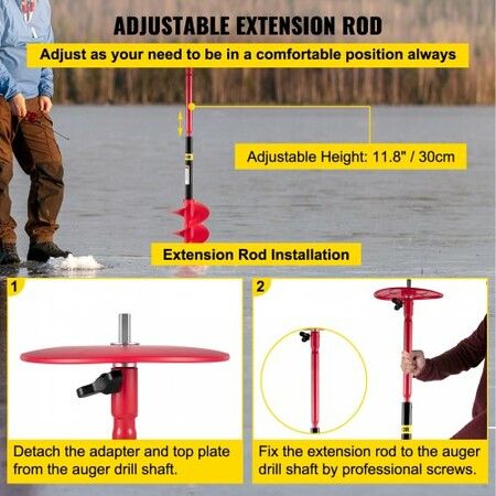 Ice Drill Auger, 8\" Diameter Nylon Ice Auger, 39\" Length Ice Auger Bit,Auger Drill with 11.8\" Extension Rod,Auger Bit with Drill Adapter,Top Plate & Blade Guard for Ice Fishing Ice Burrowing