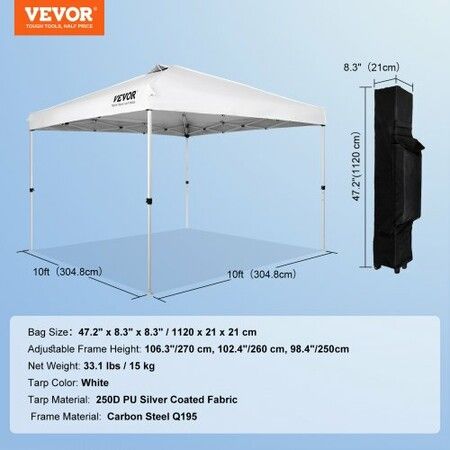 Pop Up Canopy Tent, 10 x 10 ft, 250 D PU Silver Coated Tarp, with Portable Roller Bag and 4 Sandbags, Waterproof and Sun Shelter Gazebo for Outdoor Party, Camping, Commercial Events, White