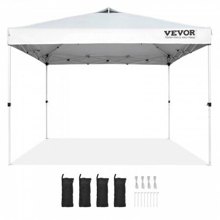 Pop Up Canopy Tent, 10 x 10 ft, 250 D PU Silver Coated Tarp, with Portable Roller Bag and 4 Sandbags, Waterproof and Sun Shelter Gazebo for Outdoor Party, Camping, Commercial Events, White