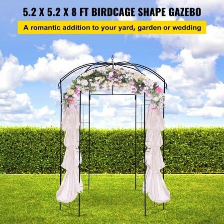 Birdcage Shape Garden Arbor, 2.44m High, 1.59m Wide, Heavy Duty Wrought Iron Arbor, Wedding Arch Trellis for Climbing Vines in Outdoor Garden, Backyard, Lawn, Patio, Black