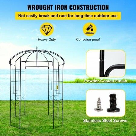 Birdcage Shape Garden Arbor, 2.44m High, 1.59m Wide, Heavy Duty Wrought Iron Arbor, Wedding Arch Trellis for Climbing Vines in Outdoor Garden, Backyard, Lawn, Patio, Black