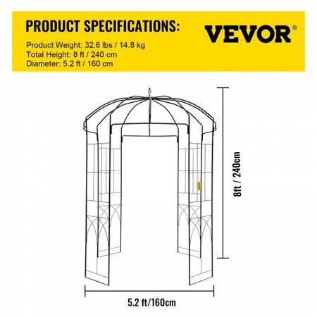 Birdcage Shape Garden Arbor, 2.44m High, 1.59m Wide, Heavy Duty Wrought Iron Arbor, Wedding Arch Trellis for Climbing Vines in Outdoor Garden, Backyard, Lawn, Patio, Black