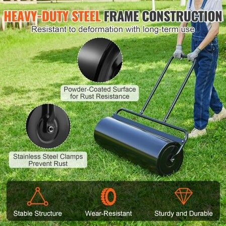 Lawn Roller, 17 Gallon 36 Inch Sand/Water Filled Yard Roller, Steel Sod Roller with Easy-turn Plug and U-Shaped Ergonomic Handle for Convenient Push and Pull, for Lawn, Garden, Farm, Park, Black