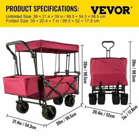 Folding Wagon Cart, Collapsible Folding Garden Cart w/ Shade Beach Utility