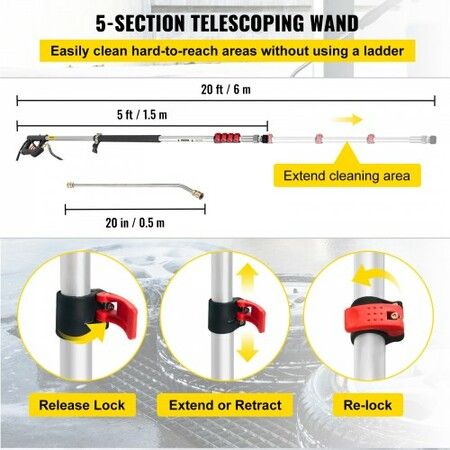 Telescoping Pressure Washer Wand, 20 ft 5-Section Length Adjustable, Max. 4000 PSI Fit for 3/8'' Quick Connection, 5 Spray Nozzles, Belt, for Roof, Fence, Gutter, Silver