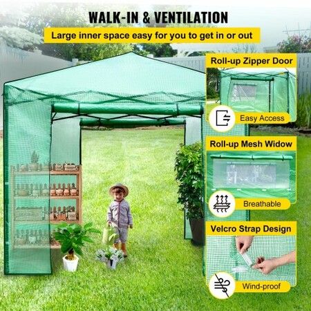 12\'x 8\'x 8\' Pop-Up Greenhouse, Set Up in Minutes, Portable Greenhouse with Doors & Windows. High Strength PE Cover & Powder-Coated Steel Construction