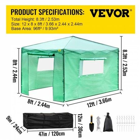 12\'x 8\'x 8\' Pop-Up Greenhouse, Set Up in Minutes, Portable Greenhouse with Doors & Windows. High Strength PE Cover & Powder-Coated Steel Construction