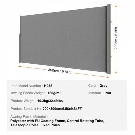 Retractable Side Awning, 79''x 118'' Outdoor Privacy Screen, 180g Polyester Water-proof Retractable Patio Screen, UV 30+ Room Divider Wind Screen for Patio, Backyard, Balcony, Gray