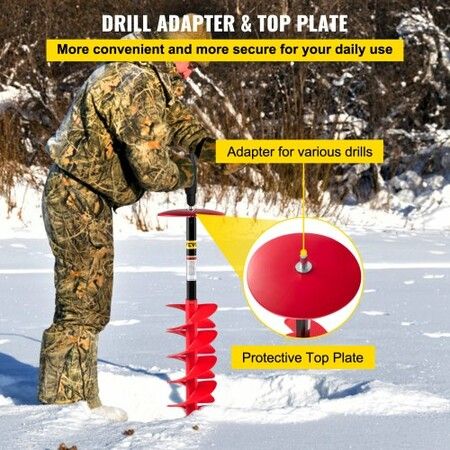 Ice Drill Auger, 6\" Diameter Nylon Ice Auger, 39\" Length Ice Auger Bit,Auger Drill with 11.8\" Extension Rod,Auger Bit with Drill Adapter,Top Plate & Blade Guard for Ice Fishing Ice Burrowing