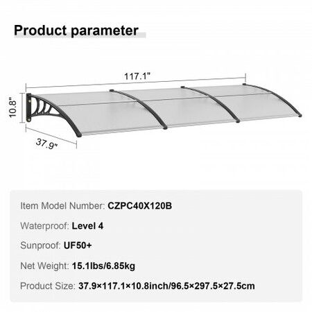 Window Door Awning Canopy, 965 x 2975mm Door Canopy Exterior, UF50+ PC Sunshade Sheet Awnings, Outdoor Patio Awning Sun Shade, Transparent, Waterproof, for Sun Shutter, UV, Rain, Snow Protection