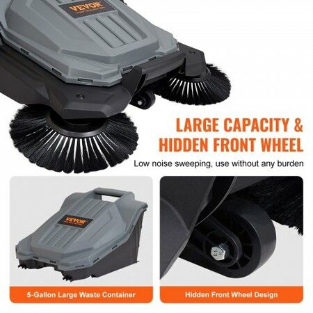 Walk-behind Hand Push Floor Sweeper 25.6" Width 5 Gallon Waste Container