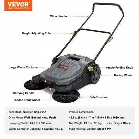 Walk-behind Hand Push Floor Sweeper 25.6" Width 5 Gallon Waste Container