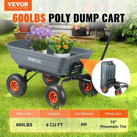 Dump Cart, Poly Garden Dump Cart with Easy to Assemble Steel Frame, Dump Wagon with 2-in-1 Convertible Handle, Utility Wheelbarrow 272kg/ 600lbs Capacity, 25.5cm/ 10 inch Tires